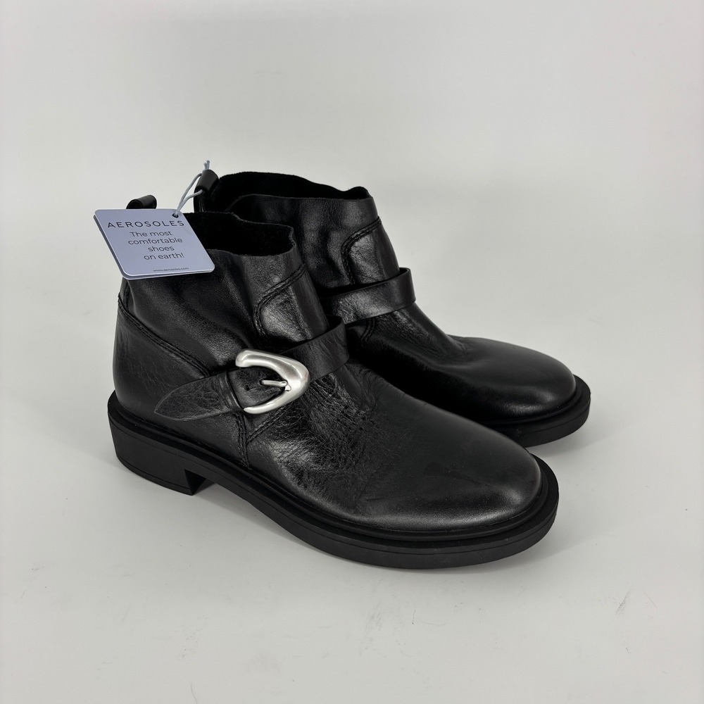 New Aerosoles Gill Ankle Bootie Black Burnished Leather Women Size 8 Buckle Moto